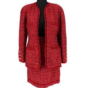 CHANEL Boutique Multicolor Red Tweed Jacket Skirt Wool Mohair 2 PC Set sz 40